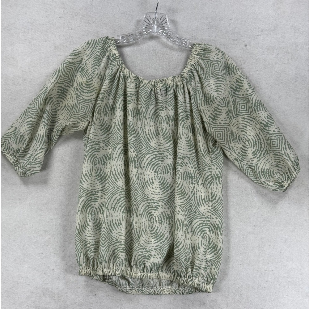 Bobeau Womens Green Geometric Swirl Peasant Blouse 3/4 Sleeve Elastic Hem Small